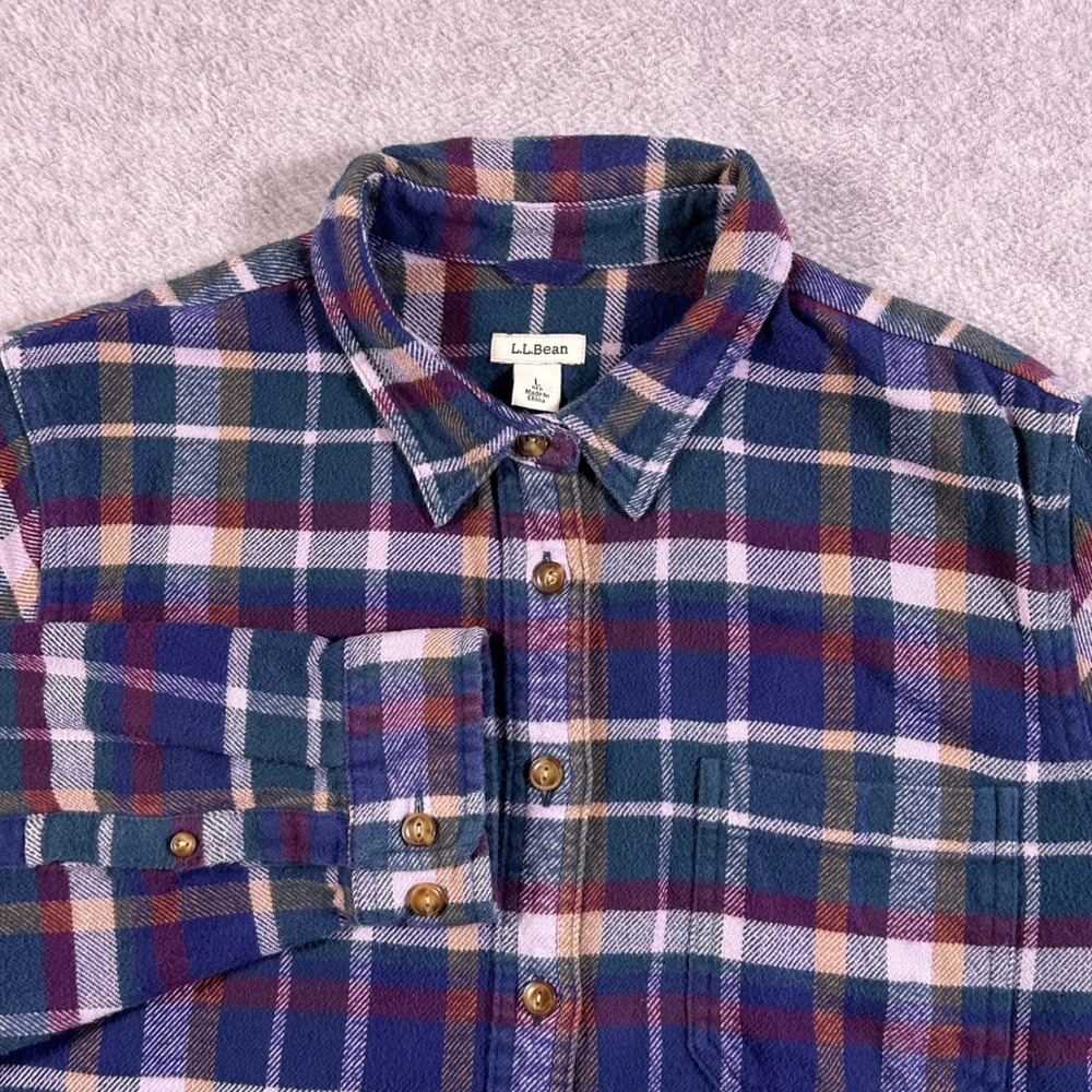 LL Bean Womens Large Organic Cotton Flannel Shirt Navy Green Red Cabincore  Cozy